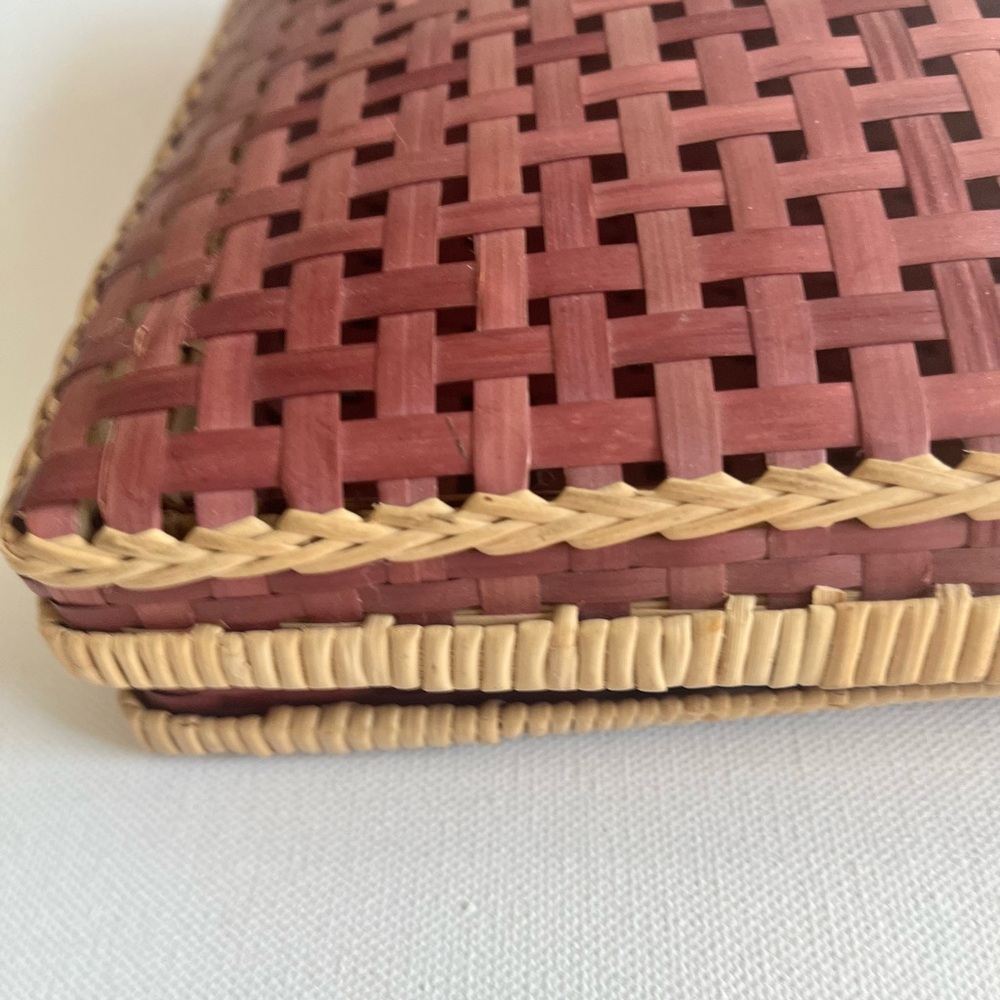 Vintage Man Made Quality Red And Tan Wooden Basket